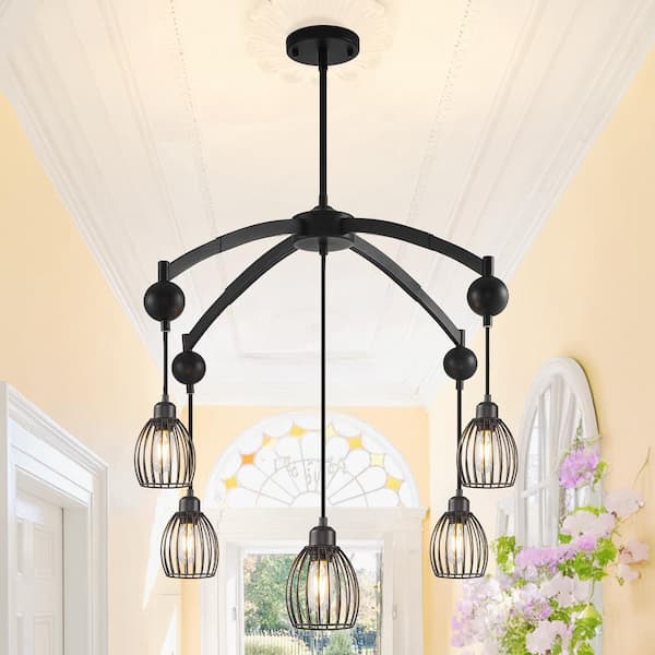 Magic Home Retro 5-Light Vintage Wrought Iron Black Creative Cage Ceiling Chandelier for Kitchen Island Dining Living Room Bedroom