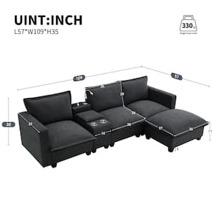 109 in. Straight Arm 5-piece L Shaped Chenille Sectional Sofa with Console, USB Charging Port, Light, Cup Holder in Gray