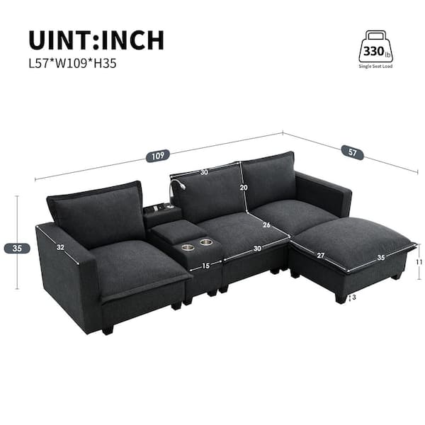 J&E Home 109 in. Straight Arm 5-Piece L Shaped Chenille Sectional Sofa with Console, USB Charging Port, Light, Cup Holder in Gray