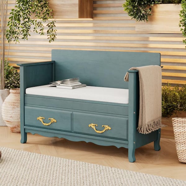 Harper & Bright Designs 43.3 in. Antique Turquoise Vintage Flip Top Storage Bench with Gas Spring