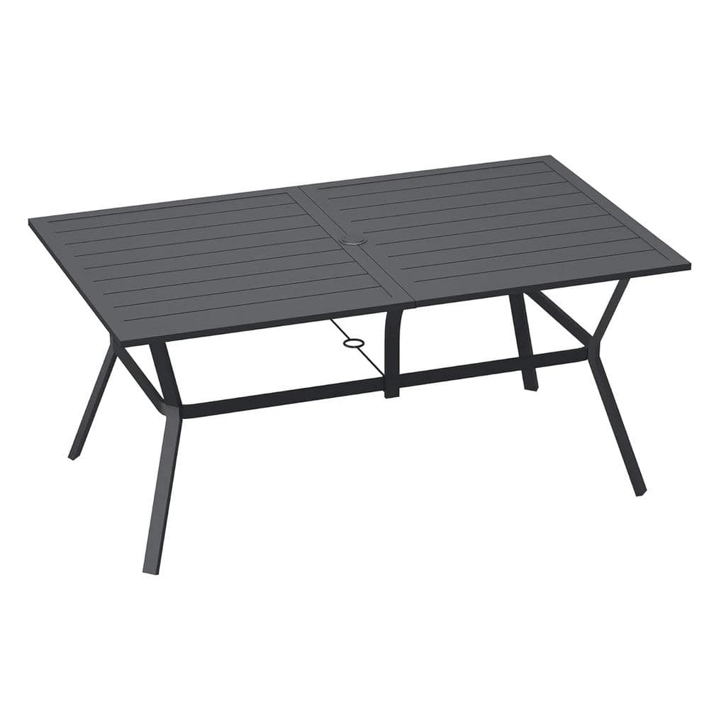 Rectangular Metal Outdoor Dining Table with Umbrella Hole Black Tabletop