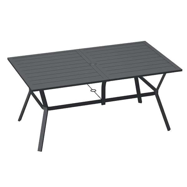 Rectangular Metal Outdoor Dining Table with Umbrella Hole Black Tabletop