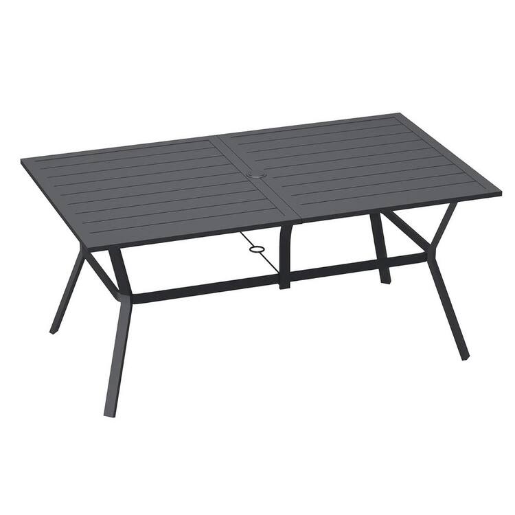 Rectangular Metal Outdoor Dining Table with Umbrella Hole Black Tabletop