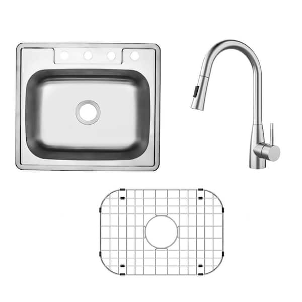 25 in. Drop-In Single Bowl 20-Gauge Stainless Steel Kitchen Sink Combo with Pull Out Sprayer Kitchen Faucet