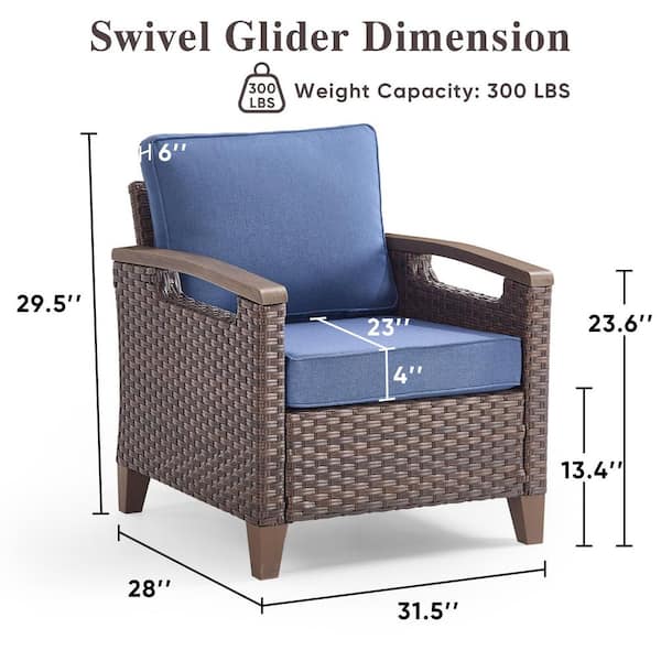 Concave 2-Piece Brown Wicker Outdoor Lounge Chair Seating Set with Deep Blue Cushion Patio Arm Chair