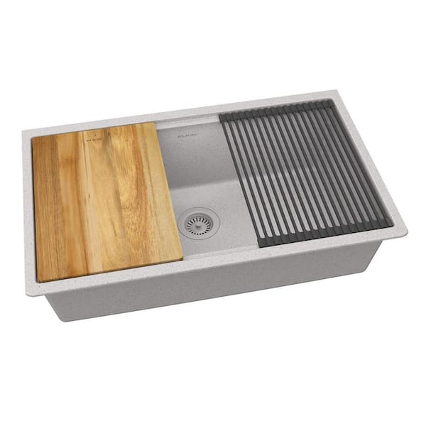 Elkay Quartz Classic 33 in. x 22 in. x 9-1/2 in. Single Bowl Undermount Workstation Sink 4-Pieces Kit Greystone