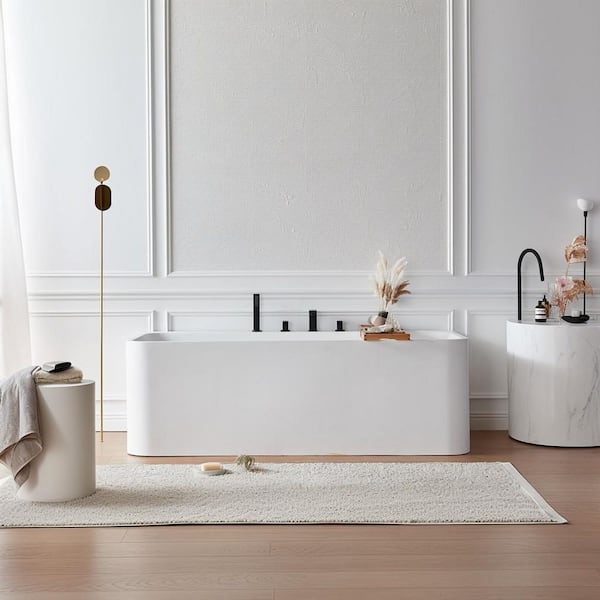 Moray 63 in. x 29 in. Solid Surface Stone Resin Flat Bottom Rectangular Freestanding Soaking Bathtub in Matte White