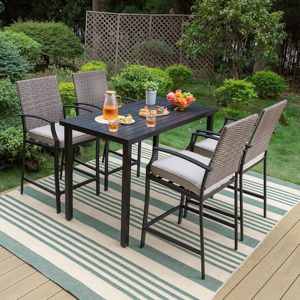 PHI VILLA 5-Piece Wicker Rectangle Table Outdoor Serving Bar Set with Beige Cushions