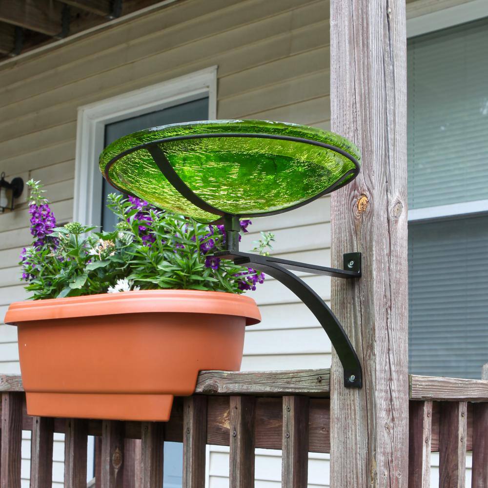 Fern Green Crackle Glass Birdbath with Black Wrought Iron Wall Bracket