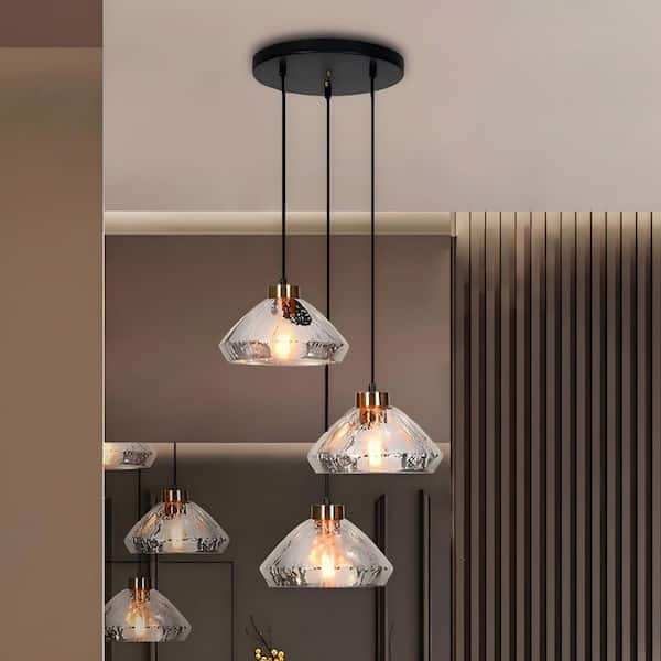 LNC Anila Modern 17.7 in. 3-Light Black and Plated Brass Chandelier with Textured Glass Shades Kitchen Island Ceiling Light