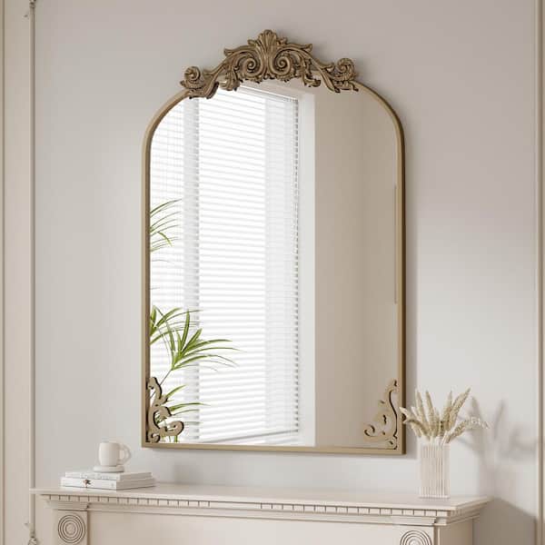 24 in. W x 38.6 in. H Arched Bronze Metal Framed with Carved Decoration Vanity Mirror Wall Mirror