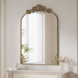 26 in. W x 37.8 in. H Arched Bronze Metal Framed with Carved Decoration Vanity Mirror Wall Mirror