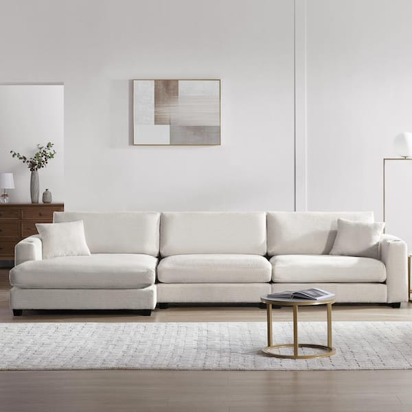 134 in. Square Arm Corduroy Fabric U-shaped Cloud Couch Sectional Sofa in Beige with USB Port, Cup Holder and Chaise