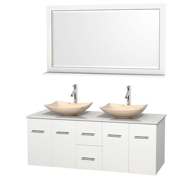 Wyndham Collection Centra 60 in. Double Vanity in White with Solid-Surface Vanity Top in White, Ivory Marble Sinks and 58 in. Mirror