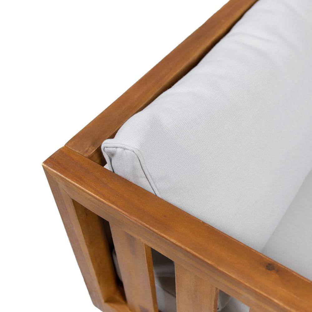 Teak Brown Acacia Wood Daybed with Light Gray Cushions