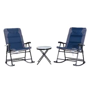 Blue 3-Piece Metal Patio Outdoor Bistro Set with Glass Coffee Table & 2 Folding Rocking Chairs with Blue Cushions