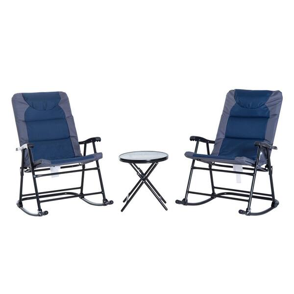 Zeus & Ruta Blue 3-Piece Metal Patio Outdoor Bistro Set with Glass Coffee Table & 2 Folding Rocking Chairs with Blue Cushions