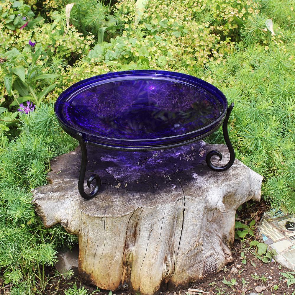 Cobalt Blue Hand Blown Glass Birdbath with Wrought Iron Stand