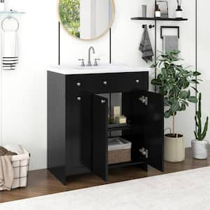 30 in. W Single Sinks Freestanding Bath Vanity in Black with White Ceramic Top and Double-Layer Deep Drawer