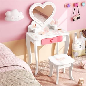 2-Piece Rectangle MDF Top Kids Vanity Set Makeup Table Chair Set in White with Heart-shaped Mirror