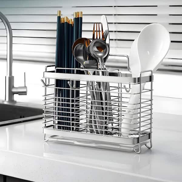 Silver Stainless Steel Utensil Holder with Drain Tray Kitchen Counter Drainer Basket for Cutlery and Flatware