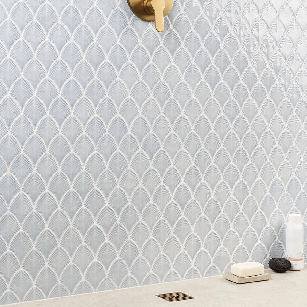 Sky Blue Polished Glass Fishscale Mosaic Wall Tile 9x12