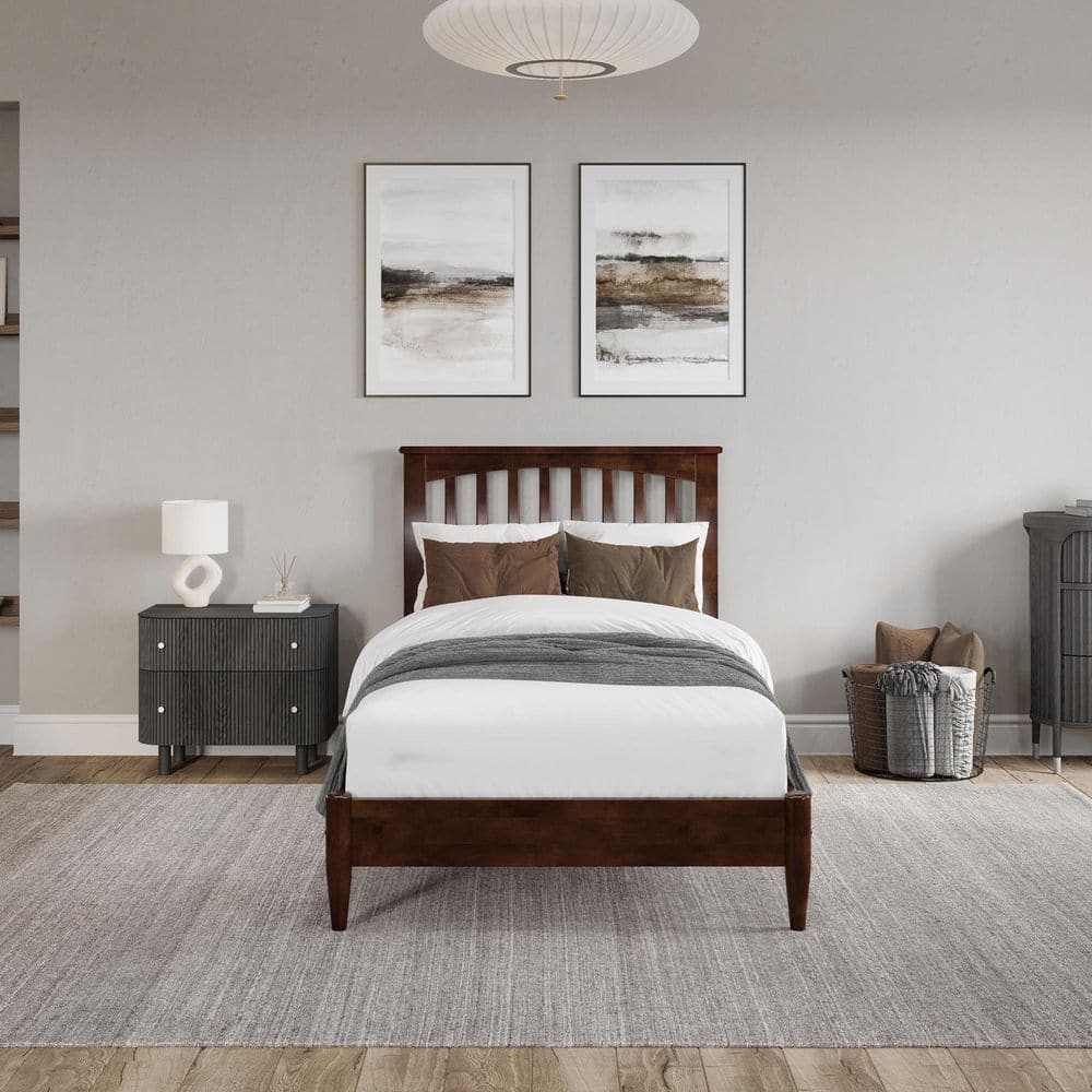 Becket Twin XL Walnut Wood Low Profile Platform Bed with Headboard