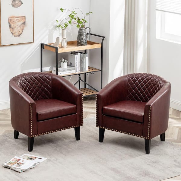 KINWELL Red Tufted Faux Leather Small Club Bar Barrel Chair Set of 2 with Nailhead Trim
