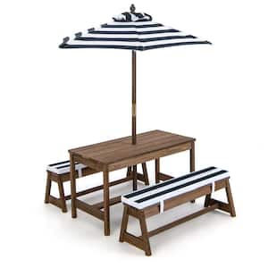 Wooden Top Blue Kids Wood Picnic Table and Bench Set w/Cushions Umbrella for Indoor Outdoor