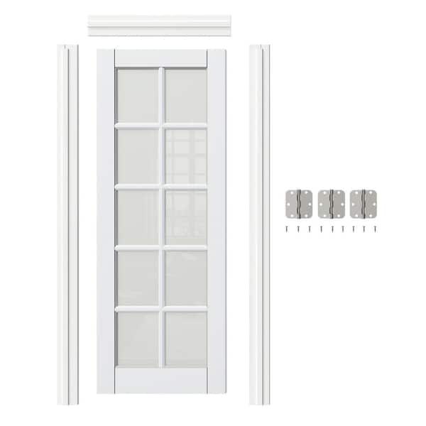 30 in. x 80 in. 10 Lite, Frosted Glass, White Primed, MDF Prehung Interior Door Right-Handed with Door Jamb and Hardware