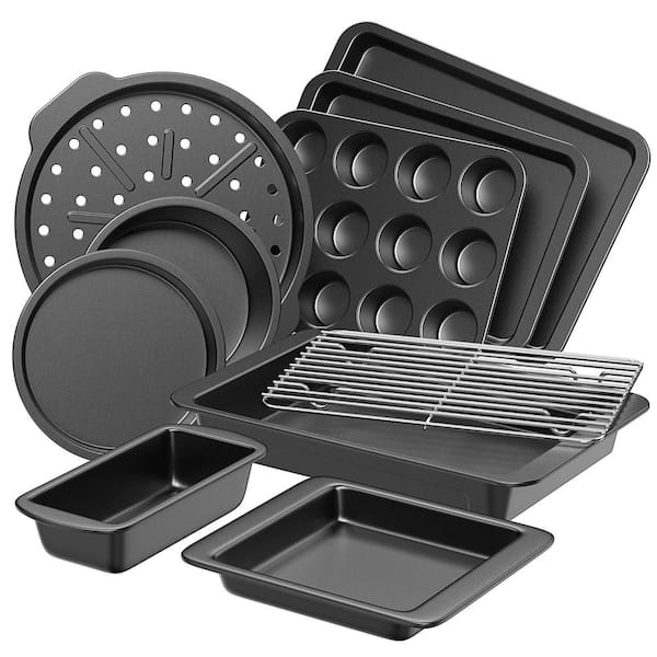 10-Piece Grey Carbon Steel Cake Pan Sets Include Rack, Cookie Sheet, Cake Pans, Loaf Pan, Muffin Pan and Pizza Pan