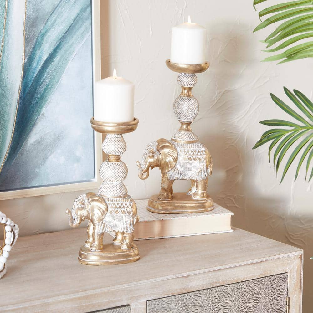 Litton Lane White Polystone Elephant Candle Holder with White Wash