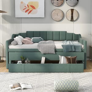Green Twin Size Upholstered Daybed with Trundle and Three Drawers