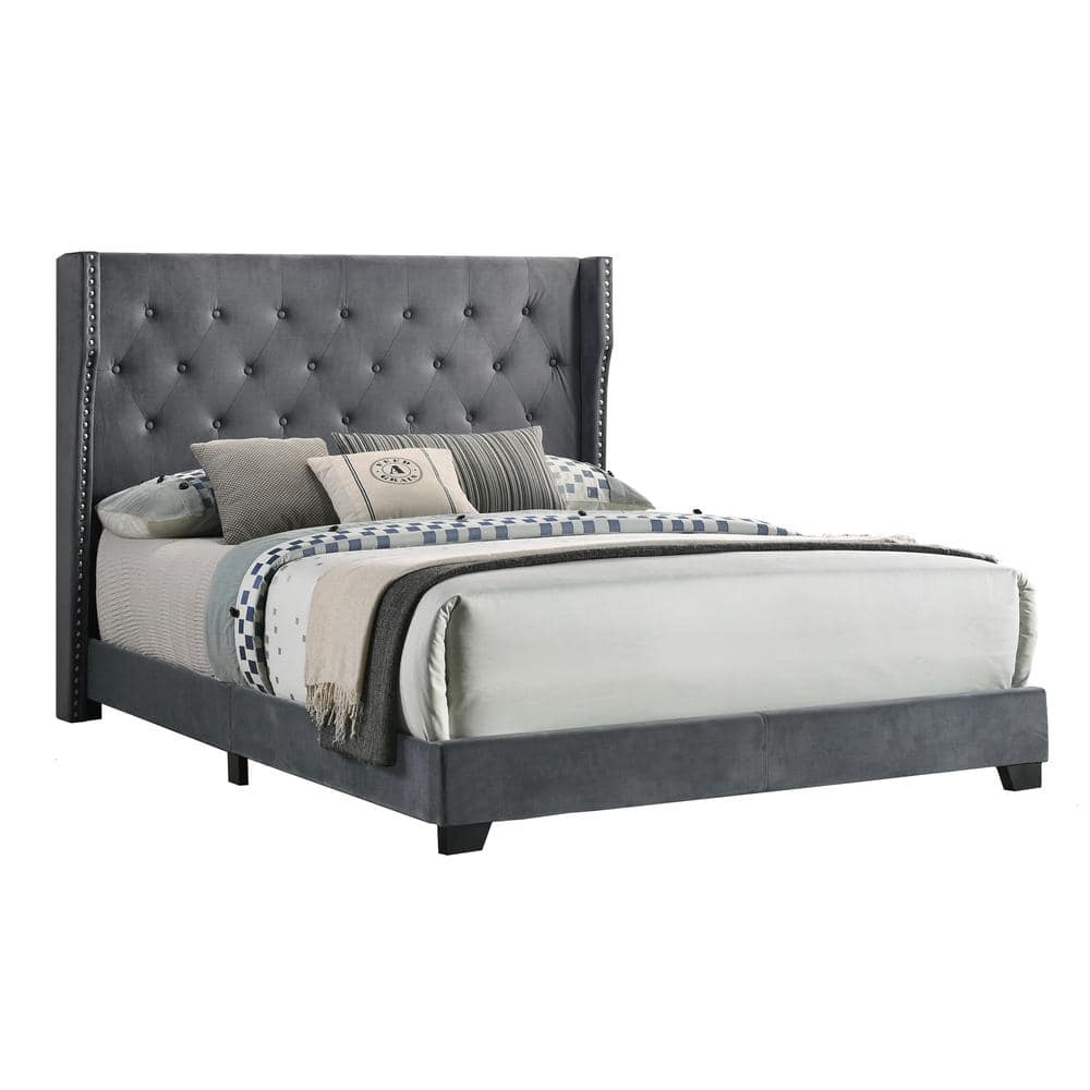 King-Size Luxe Velvet Tufted Headboard Bed with Nailhead Trim