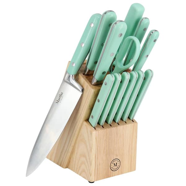 MARTHA STEWART Everyday 14 Piece Stainless Steel Cutlery and Wood Block Set in Mint