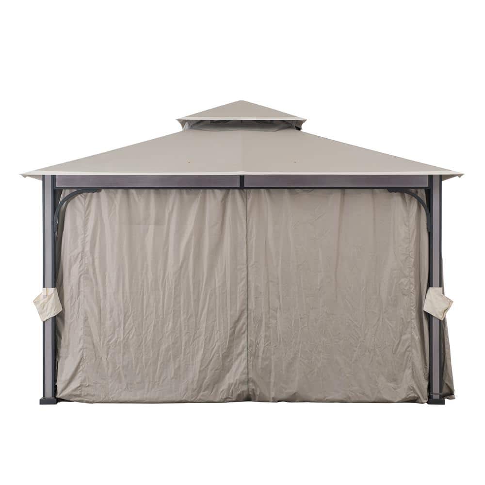 Light Gray 11 x 13 ft. Steel Frame 2-Tier Gazebo with Netting and Curtains