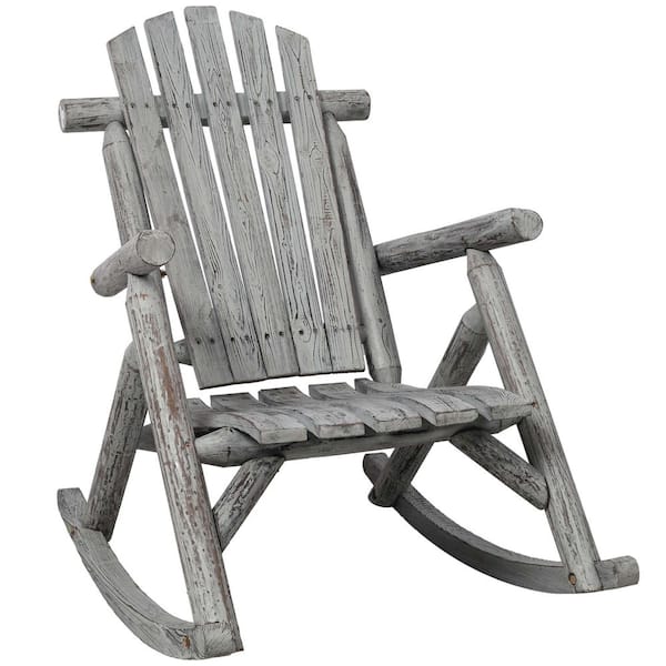 Ami Light Gray Wood Outdoor Rocking Chair, Durable Fir Log Rocking Chair for Garden, Patio, or Outdoor Porch Seating