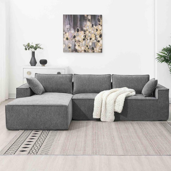 Polibi 111.5 in. Square Arm Chenille L-Shaped Sofa with Wrinkle-Resistant in Gray
