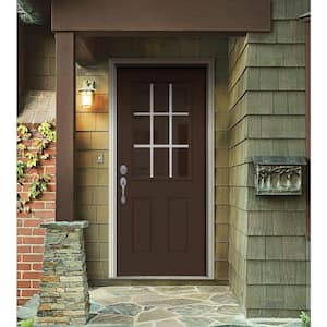 30 in. x 80 in. 9 Lite Dark Chocolate Painted Steel Prehung Right-Hand Inswing Entry Door w/Brickmould