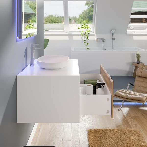 Santa Monica 36 in. Single Sink Floating White Oak Bath Vanity with White Acrylic Top (Assembled)