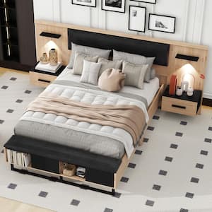 Walnut (Brown) Wood Frame Queen Size Platform Bed Upholstered Headboard and Bench, Shelf, Lights, Storage Nightstand