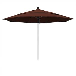 11 ft. Black Aluminum Commercial Market Patio Umbrella with Fiberglass Ribs and Pulley Lift in Bay Brown Sunbrella