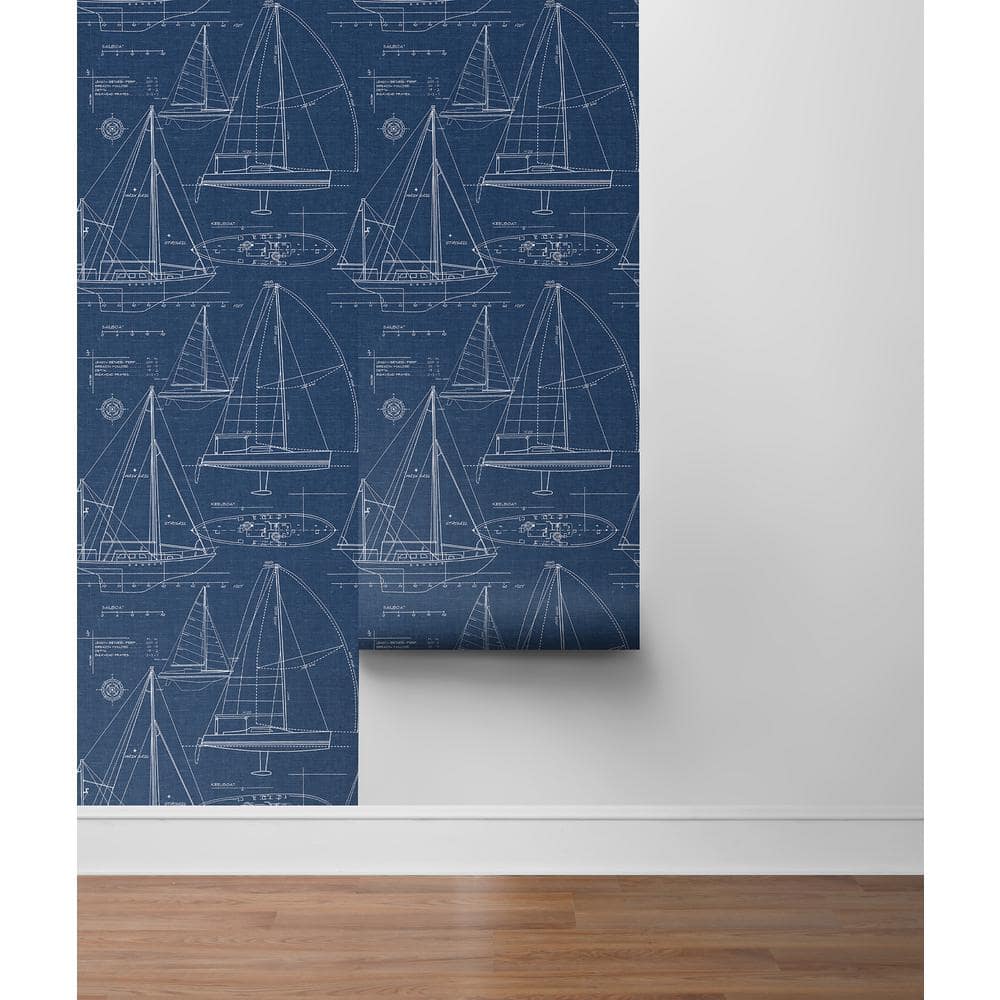 Navy Blue Nautical Blueprint Peel and Stick Wallpaper