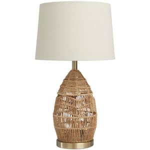 26 in. Brown Wicker Woven Handmade Task and Reading Table Lamp with Zig Zag Pattern and Gold Base