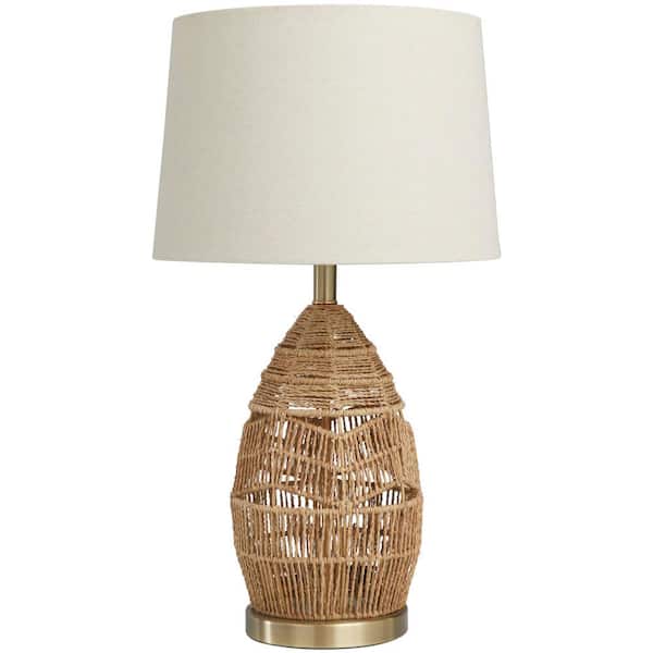 Litton Lane 26 in. Brown Wicker Woven Handmade Task and Reading Table Lamp with Zig Zag Pattern and Gold Base