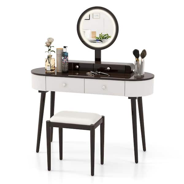 Costway 2-Piece White and Brown Makeup Vanity Set with LED Lighted Mirror Drawers Cushioned Stool