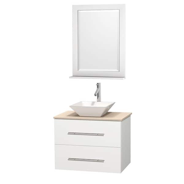 Wyndham Collection Centra 30 in. Vanity in White with Marble Vanity Top in Ivory, Porcelain Sink and 24 in. Mirror