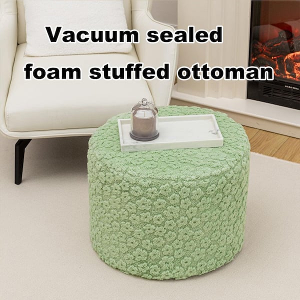 Desert Sage Green Plush Fiber Upholstered Round Ottoman Pouf 18 x