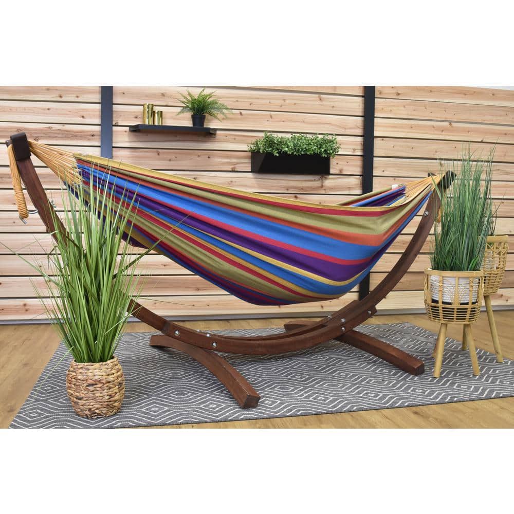 8ft Tropical Multicolor Cotton Hammock with Solid Pine Arc Stand