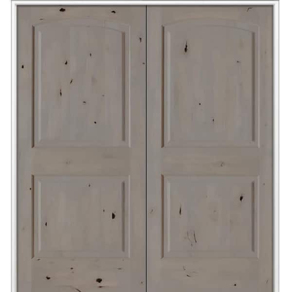 56 in. x 80 in. Rustic 2-Panel Arch Top Universal Weathered Gray Stain Knotty Alder Wood Double Prehung Interior Door